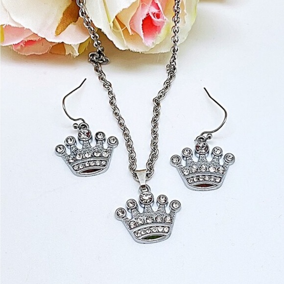 Crystal Crown Earrings or Set With Necklace, Princess Party, Stainless Steel NWT - Picture 4 of 7
